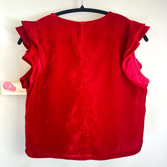 Zara Ruby Red Velour Ruffled Sleeve Semi-cropped Top - Picture 6 of 8